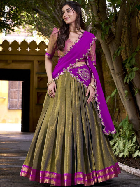 LOOKNBOOK ART Women Silk Kanchipuram Lehenga & Unstitched Blouse With Dupatta