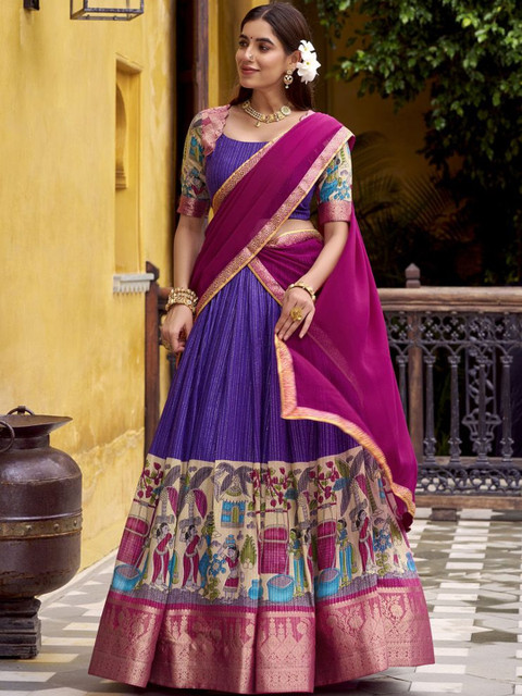 LOOKNBOOK ART Printed Kalamkari Ready to Wear Lehenga & Unstitched Blouse With Dupatta