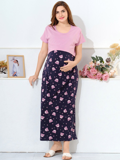 EASY MOM Women Conversational Printed Round Neck Maternity Cotton A-Line Dress