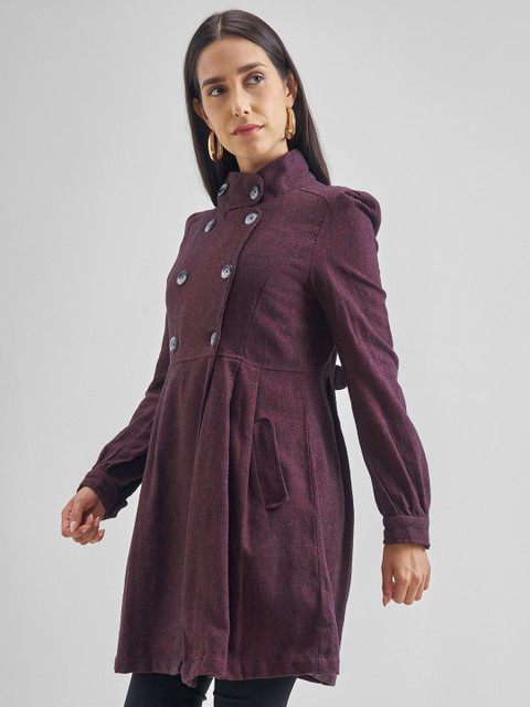Tokyo Talkies Maroon Mock Collar Hip Length Cotton Princess Coat - Image 4