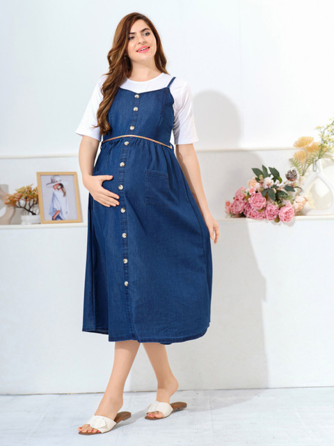 EASY MOM Women Shoulder Straps Belted Maternity Cotton A-Line Midi Dresses