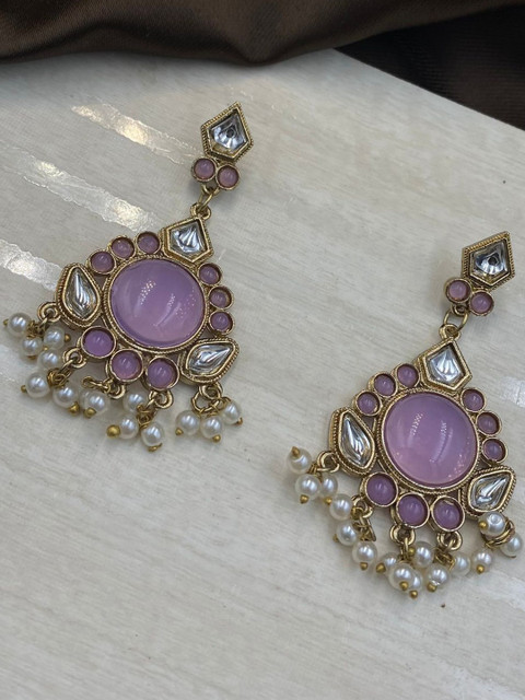 Fashion Theme Women Kundan Studded Brass Plated Circular Drop Earrings