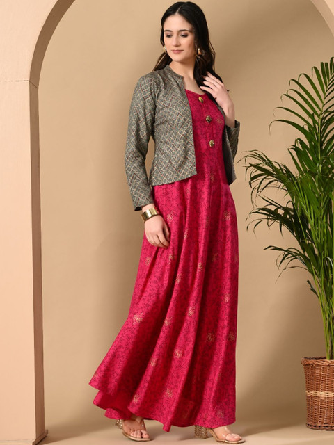 HERE&NOW Women Magenta Viscose Rayon Anarkali Kurtas