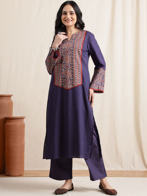 Anouk Women Polka Dots Printed Round Neck A Line Kurta With Slim Palazzo