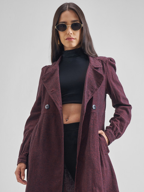Tokyo Talkies Maroon Mock Collar Hip Length Cotton Princess Coat