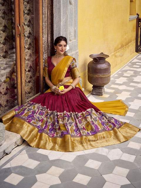 LOOKNBOOK ART Printed Kalamkari Ready to Wear Lehenga & Unstitched Blouse With Dupatta - Image 4