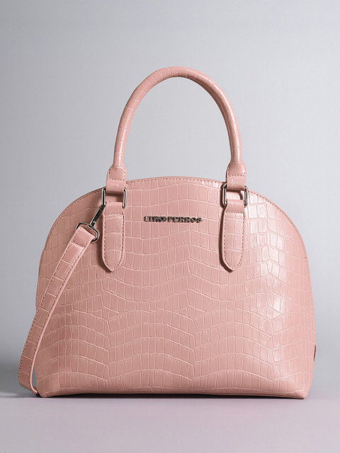 Lino Perros Peach-Coloured Croc Textured Structured Handheld Bag & Detachable Sling Strap