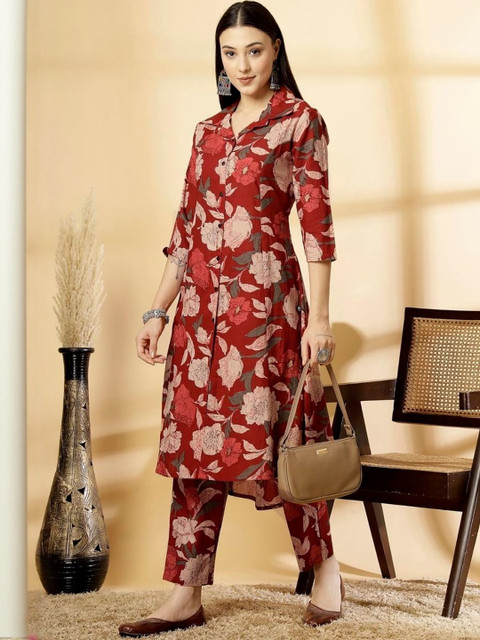 HERE&NOW Women Red Printed Rayon Co-Ords