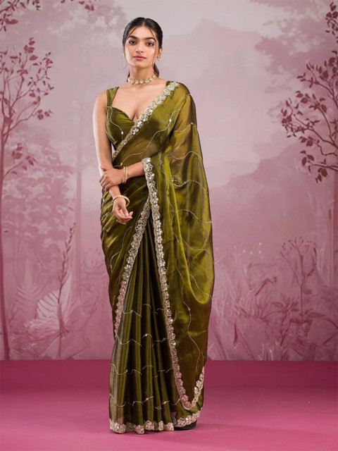 ODETTE Women Olive Chiffon Embroidered Saree