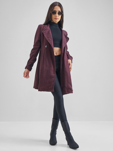 Tokyo Talkies Maroon Mock Collar Hip Length Cotton Princess Coat - Image 6