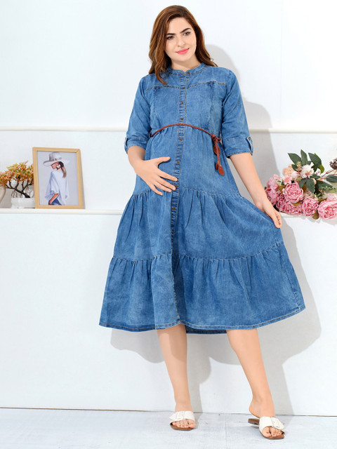 EASY MOM Mandairan Collar Roll-Up Sleeves Fit & Flare Dress