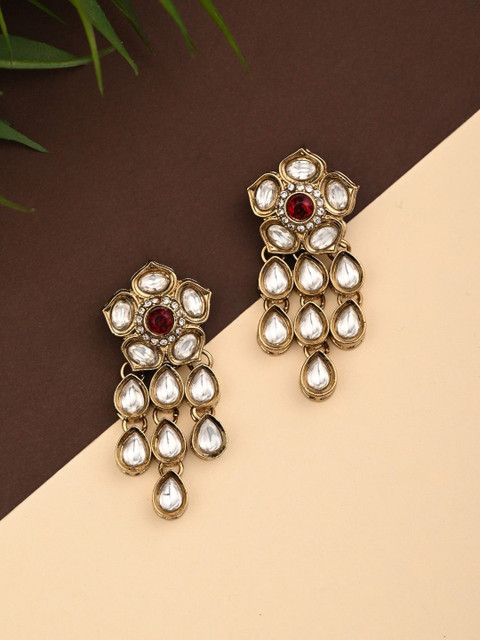 Anvik Gold-Plated Kundan Studded Floral Shaped Drop Earrings