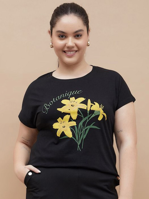 Nexus by Lifestyle Women Floral Printed Round Neck Pure Cotton Plus Size T-shirt