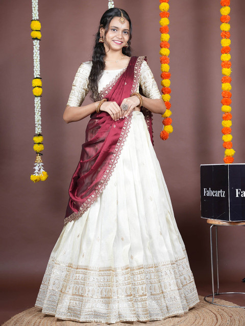 Fabcartz Embroidered Semi-Stitched Silk Lehenga & Unstitched Blouse With Dupatta