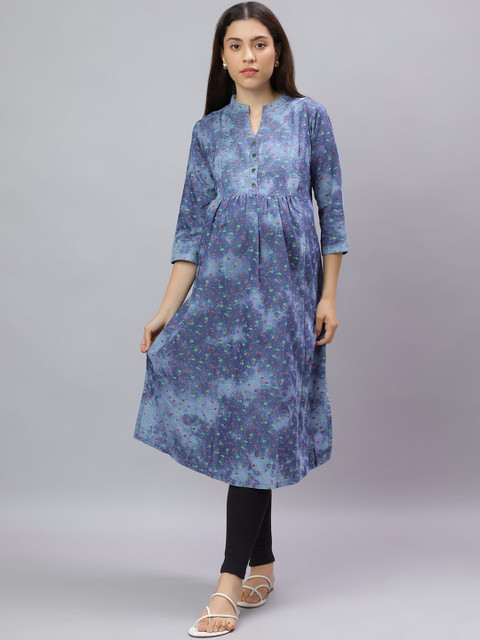 Mammas Women Blue Pure Cotton Printed V-Neck Maternity Kurti