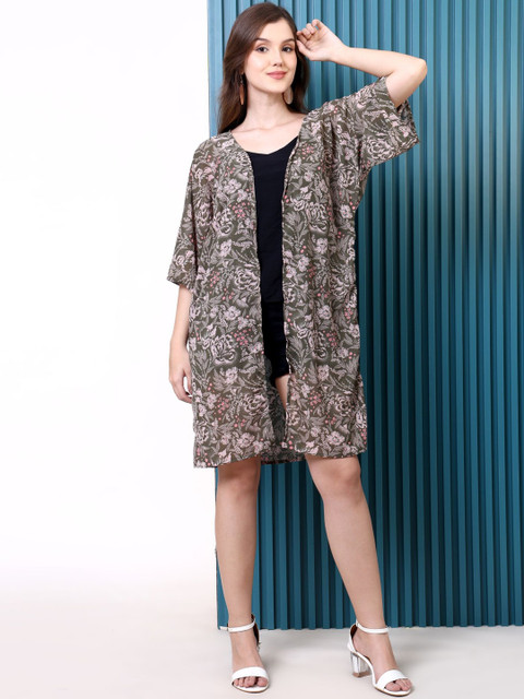 Punnu Women Green Floral Printed Semi Sheer Shrug