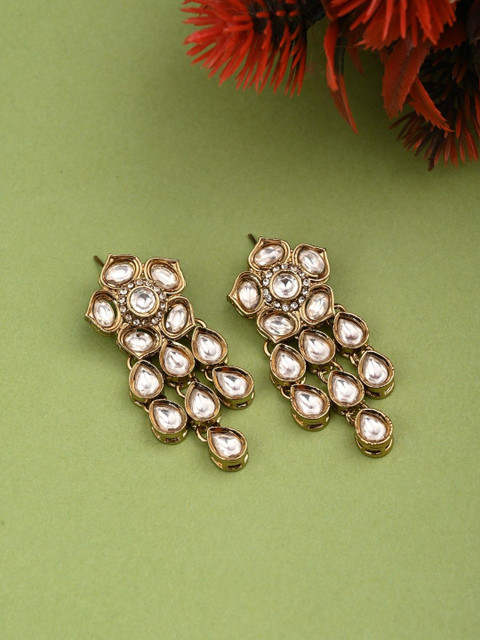 Anvik Gold-Plated Kundan Studded Floral Shaped Drop Earrings