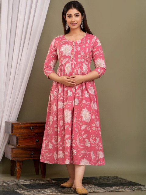 FASHION CLOUD Women Peach Cotton Round Neck Floral Printed Maternity Kurti