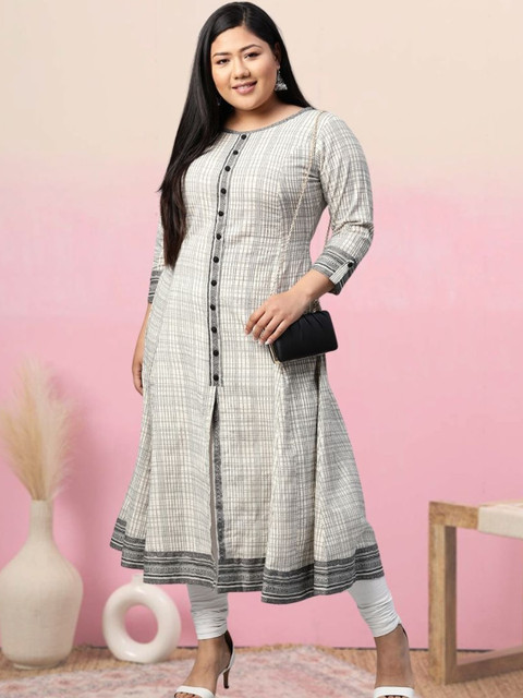 KALINI Women Off White Cotton Checked Roll-Up Sleeves Anarkali Kurta