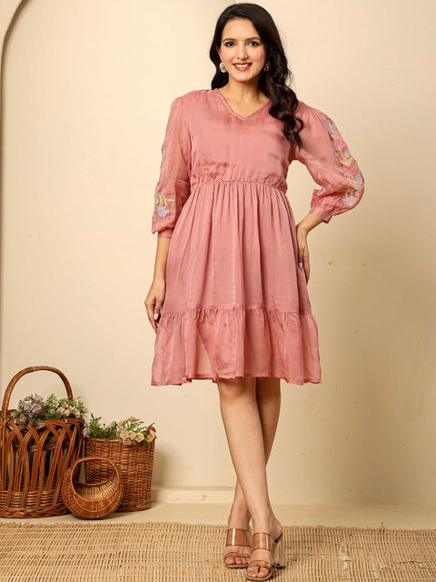 KASYA Women Tiered V-Neck Puff Sleeves Fit and Flare Embroidered Dress