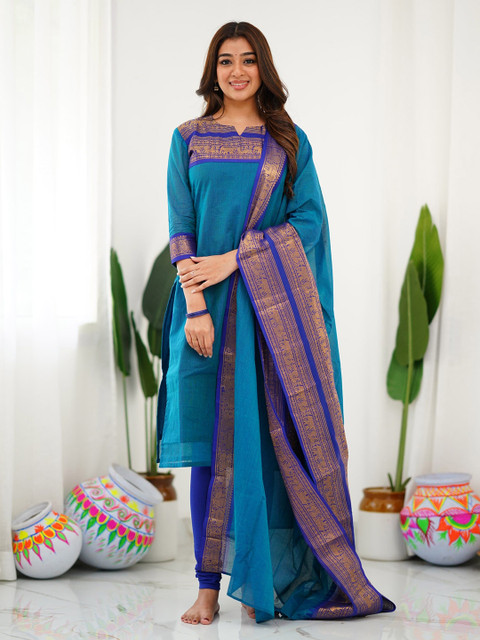 Shriyangan Women Ethnic Motifs Woven Design V-Neck Zari Kurta with Dupatta