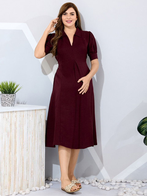 EASY MOM Women Shirt Collar Puff Sleeve Fit and Flare Maternity Midi Dresses