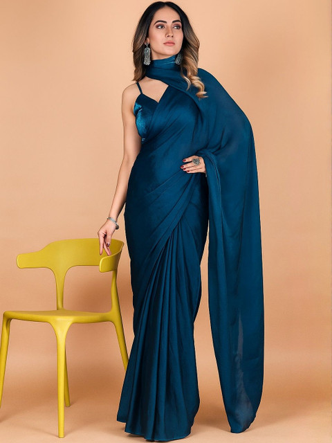IRSIA Women Blue Solid Satin Saree