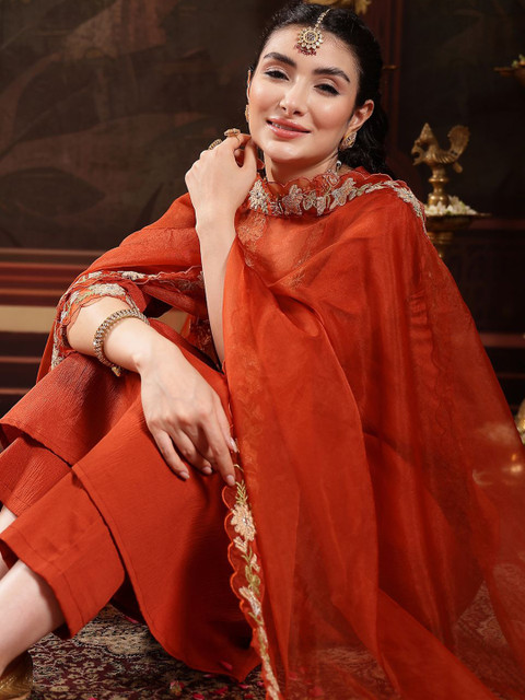 Stylum Women Solid Embroidered Anarkali Kurta with Trousers & Dupatta