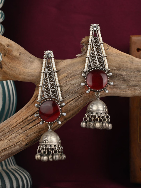VENI 92.5 Silver Plated Oxidized Artificial Stones Studded Dome Shaped Jhumkas