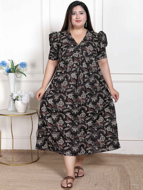 Doriyaan Women Plus Size Black Floral Print Puff Sleeve A-Line Maxi Dress