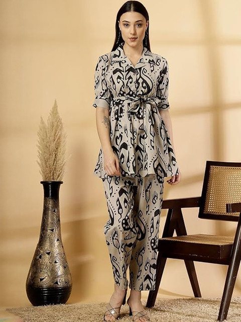 Style Heaven Beige Pure Cotton Printed Co-Ord Set