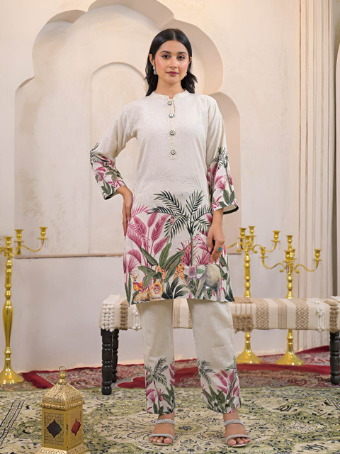 AUTUMN LANE Women Embroidered Mandarin Collar Pure Cotton Kurta & Trousers Co-Ord Set