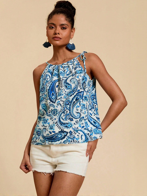 CORSICA Women Blue & White Paisley Print Cotton Shoulder Straps Sleeveless Tie Up Top