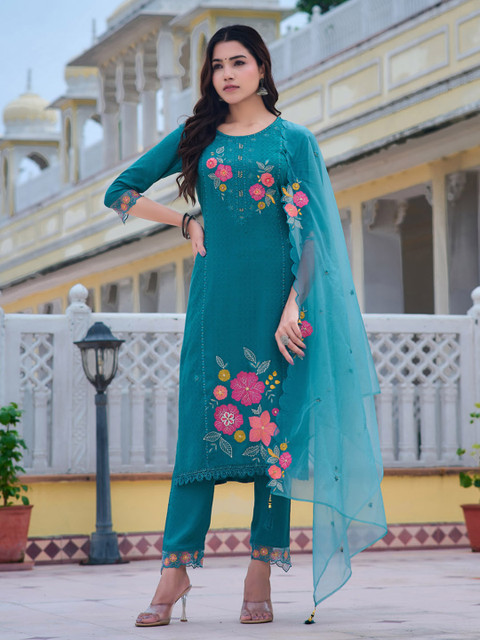 KALINI Women Floral Embroidered Regular Thread Work Kurta With Trousers & Dupatta - Image 5