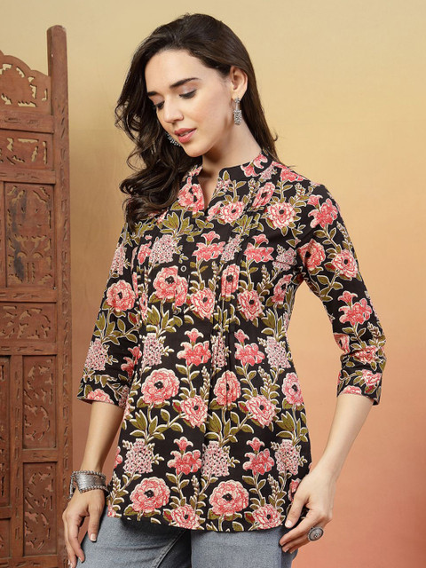 Anouk Rustic Floral Printed Mandarin Collar Pure Cotton Straight Kurti