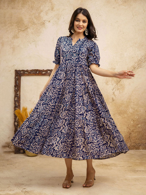 PRESHA Women Ethnic Motifs Printed Block Print Daily Cotton Anarkali Kurta