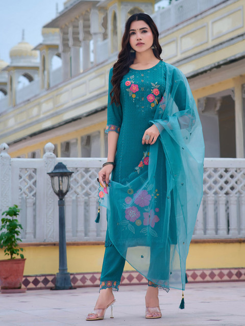 KALINI Women Floral Embroidered Regular Thread Work Kurta With Trousers & Dupatta - Image 4
