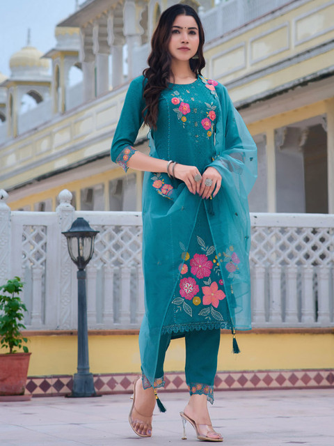 KALINI Women Floral Embroidered Regular Thread Work Kurta With Trousers & Dupatta - Image 7