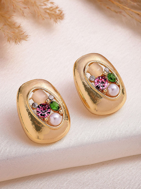 Bohey by KARATCART Gold-Plated Artificial Stones Studded & Beaded Geometric Shaped Studs