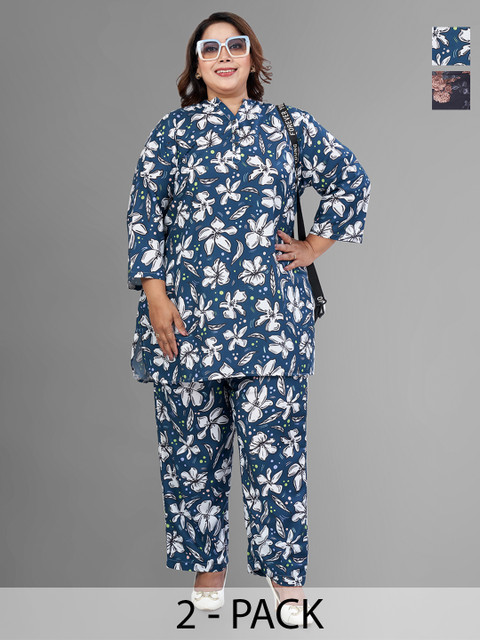 TITTLI Plus Size Pack Of 2 Floral Printed Mandarin Collar Tunic With Trousers