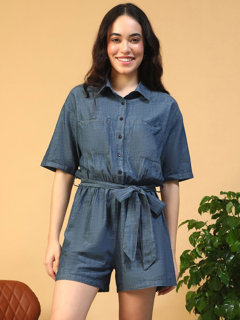 Oxolloxo Shirt Collar Cotton Denim Playsuit
