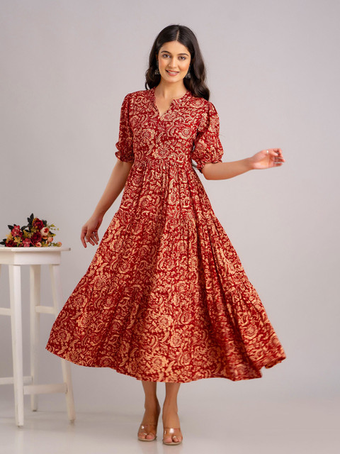 PRESHA Floral Printed Cotton Block Print Anarkali Kurta