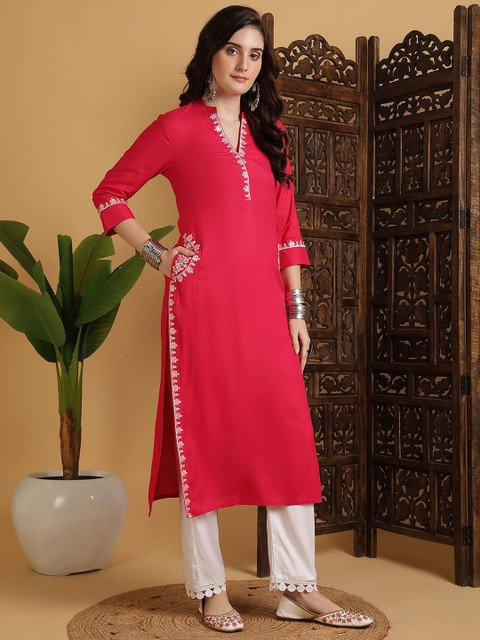Sangria Women Ethnic Motifs Embroidered Daily Straight Kurta - Image 3