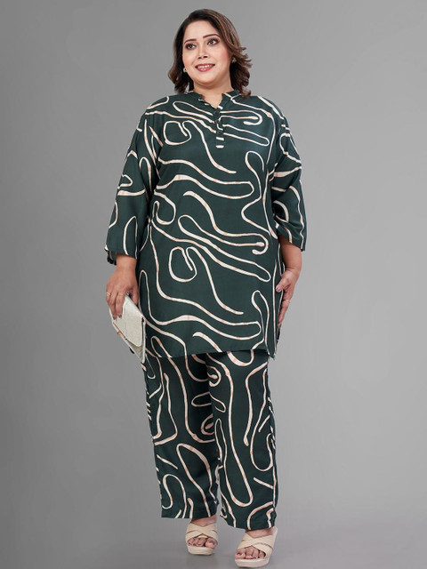TITTLI Women Plus Size Pack Of 2 Printed Mandarin Collar Tunic With Trousers Co-Ords