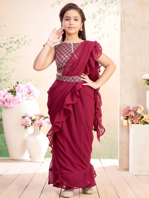 Sangria Sequinned Girls Purple Sequin Embroidery Georgette Lehenga Saree With Dupatta