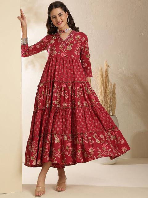 Sangria Women Ethnic Motifs Printed V-Neck Tiered Cotton Fit and Flare Ethnic Midi Dress