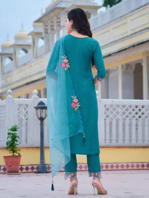 KALINI Women Floral Embroidered Regular Thread Work Kurta With Trousers & Dupatta - Image 3