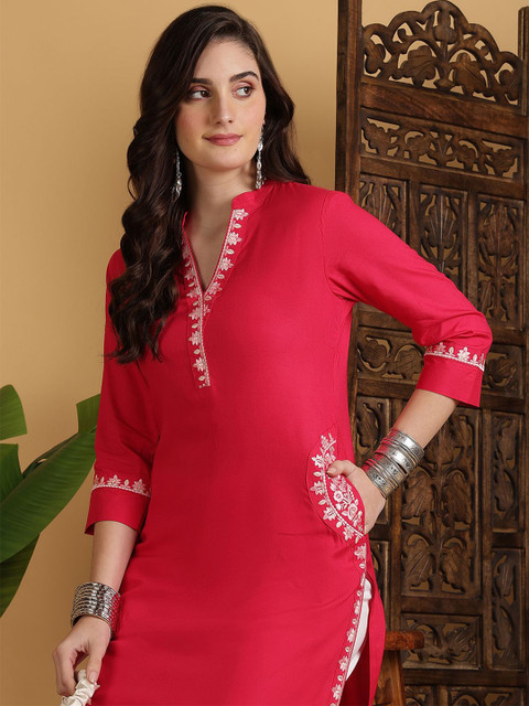 Sangria Women Ethnic Motifs Embroidered Daily Straight Kurta - Image 2