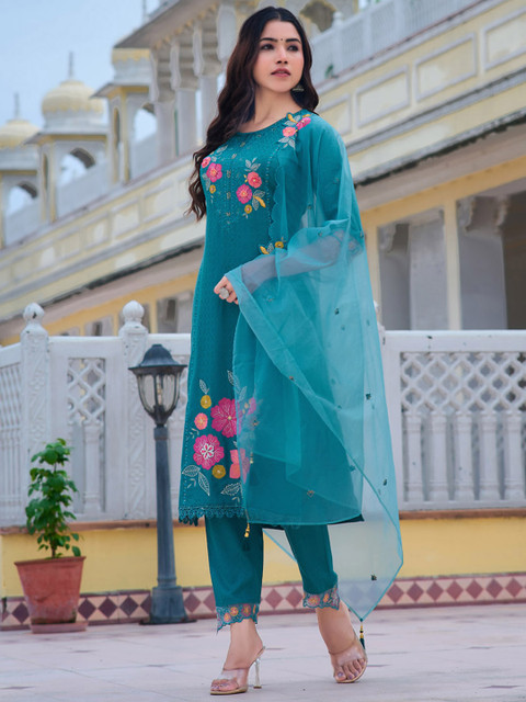 KALINI Women Floral Embroidered Regular Thread Work Kurta With Trousers & Dupatta - Image 6