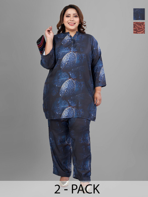 TITTLI Plus Size Pack Of 2 Floral Printed Mandarin Collar Tunic With Trousers